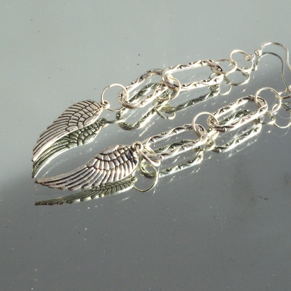 Long Silver Drop Earrings Angel Wings Handmade - Picture 2 of 4